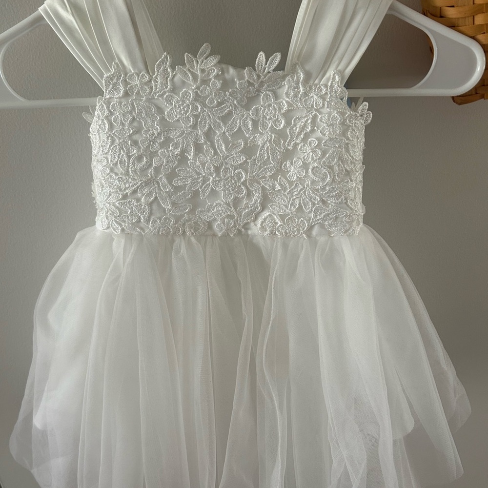 Azazie White Floral Lace Tulle Flower Girl Dress with Blue Bow